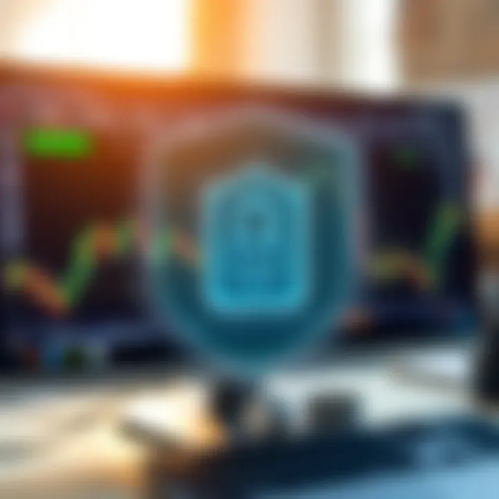 Digital security shield protecting online account information on a computer screen