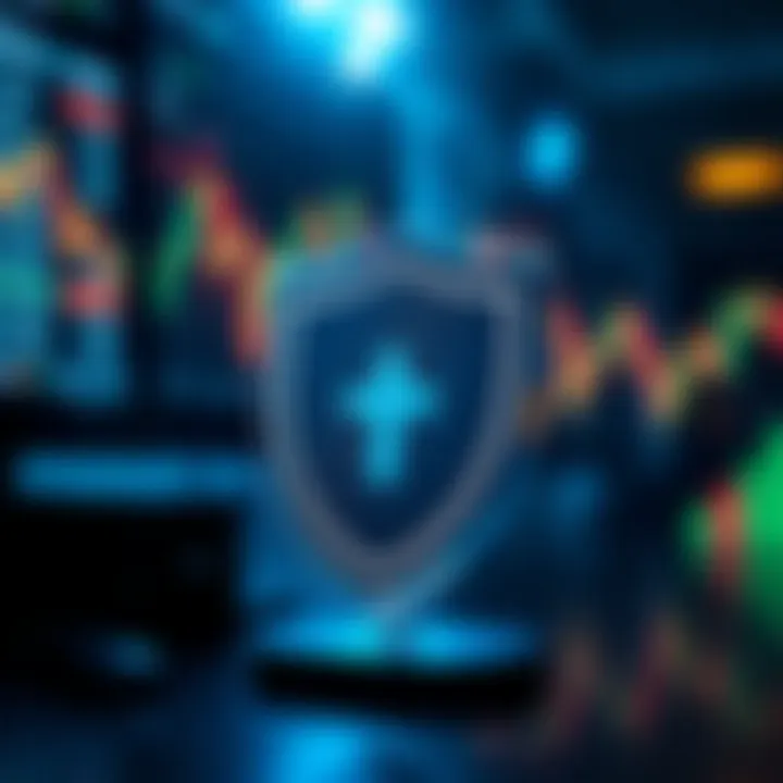 Conceptual illustration of safe trading with protective shield and financial data charts
