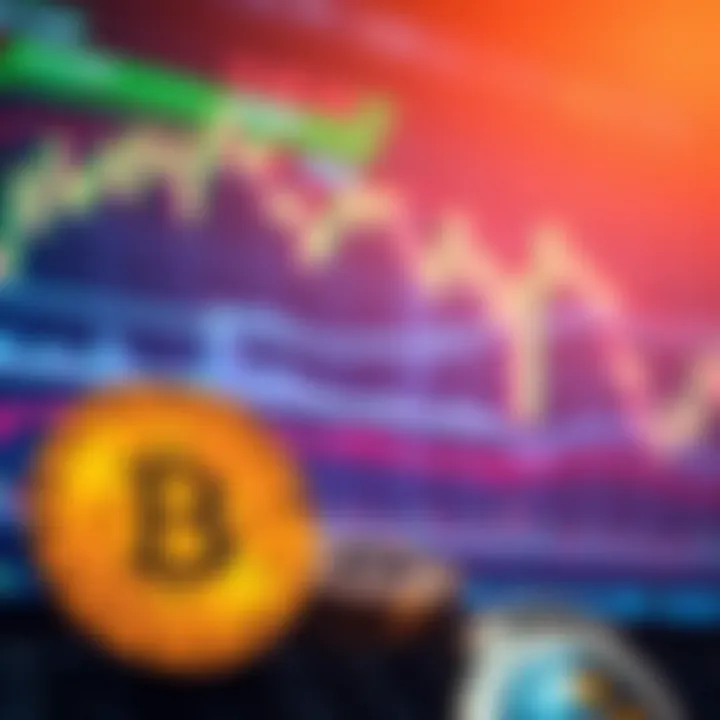 Illustration of a digital chart with Bitcoin symbols highlighting technical analysis indicators