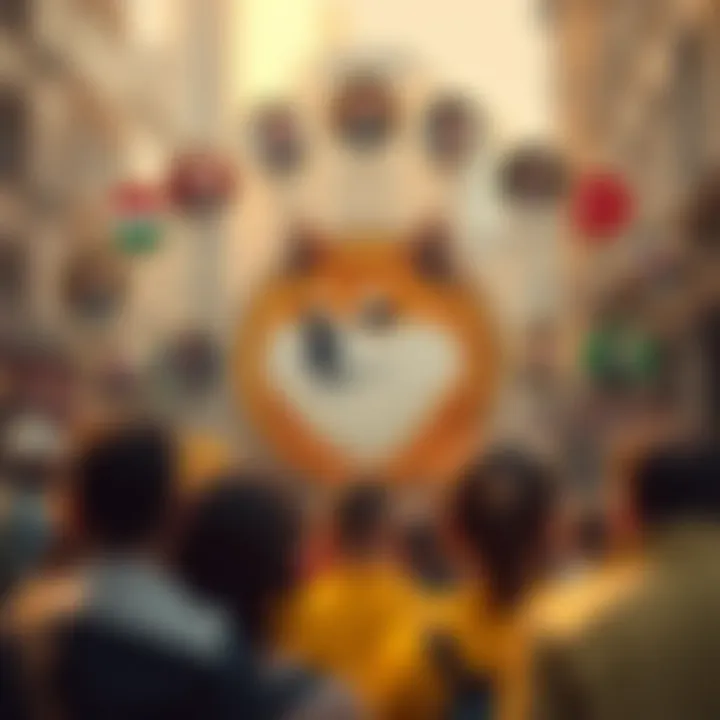 Illustration of Dogecoin logo surrounded by symbols representing community support and celebrity endorsements