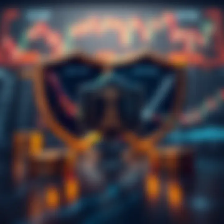 Conceptual representation of risk management with shields and financial charts symbolizing protection against market volatility