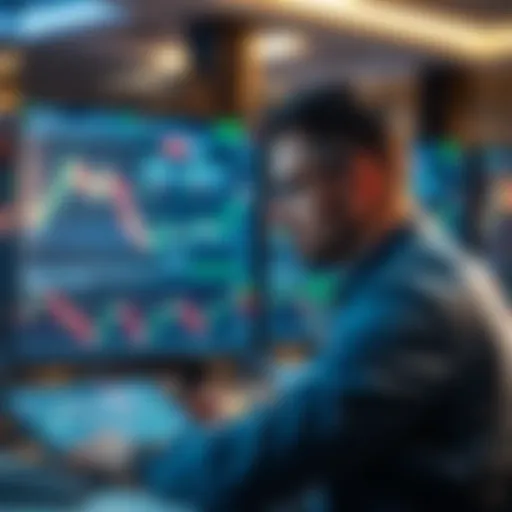 Forex trader analyzing currency charts with digital graphs showing market trends