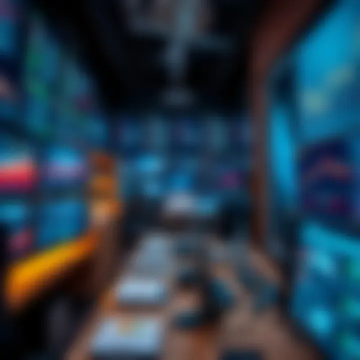 Professional workspace with advanced technology and data visualization screens