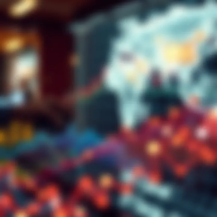 Abstract representation of global impact through interconnected networks and growth charts