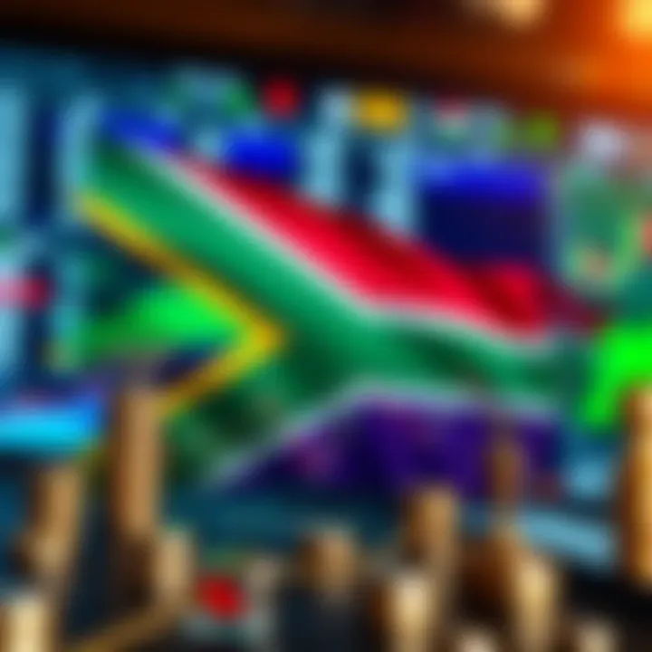 Illustration of South African flag overlaying financial market icons representing trading regulations and compliance