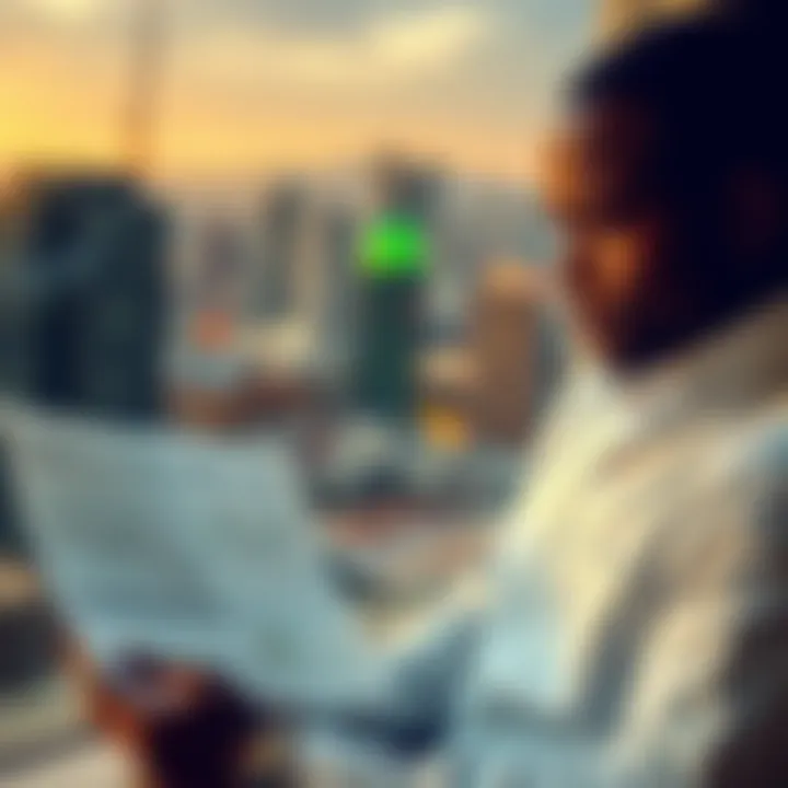 Jabulani Cashflow Ngcobo analyzing financial charts with a South African city skyline in the background