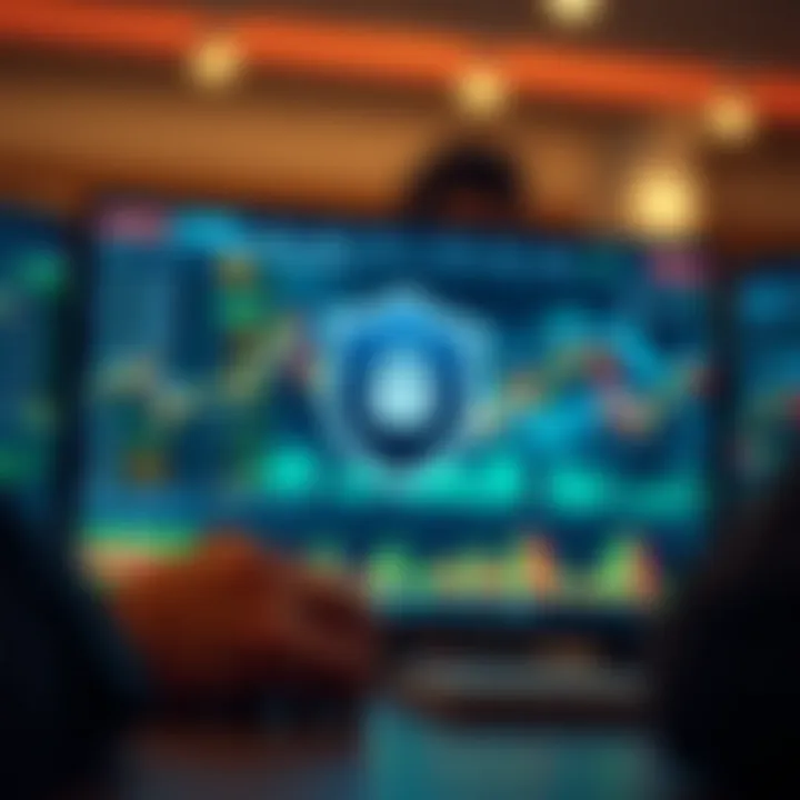 Secure trading concept with shield and digital currency symbols on screen