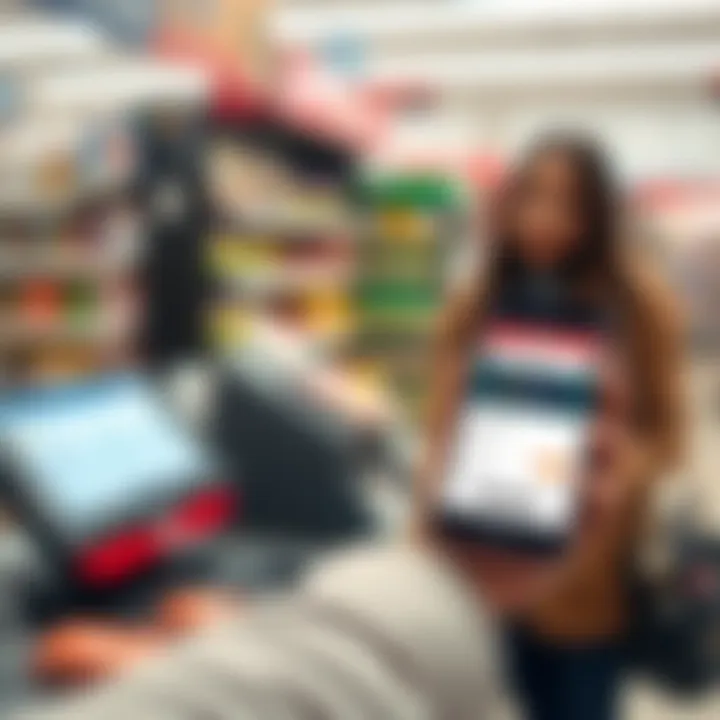 Retail store checkout counter with digital voucher code on a smartphone