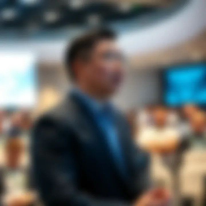 Samson Mow speaking at a blockchain conference with audience in background