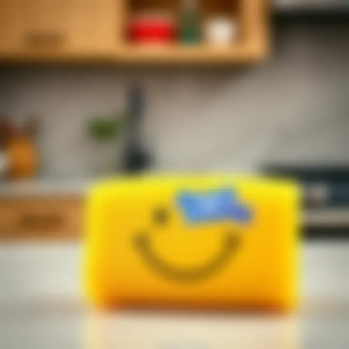 Scrub Daddy sponge in vibrant yellow with a smiling face design on a clean kitchen countertop