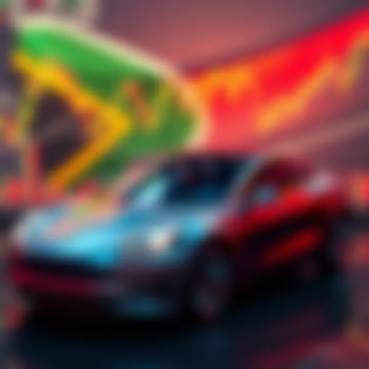 Tesla electric car with a backdrop of financial charts and South African flag