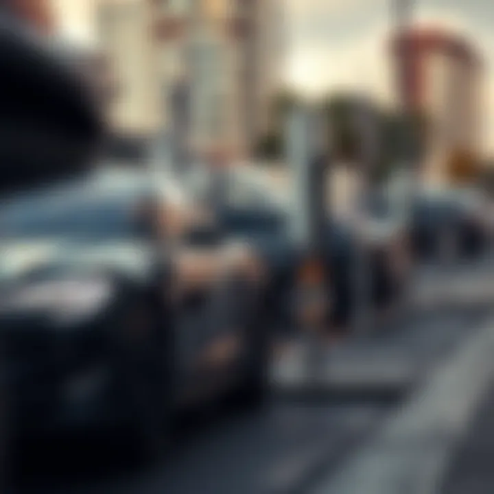 Electric vehicle charging station with Tesla cars in a scenic urban setting