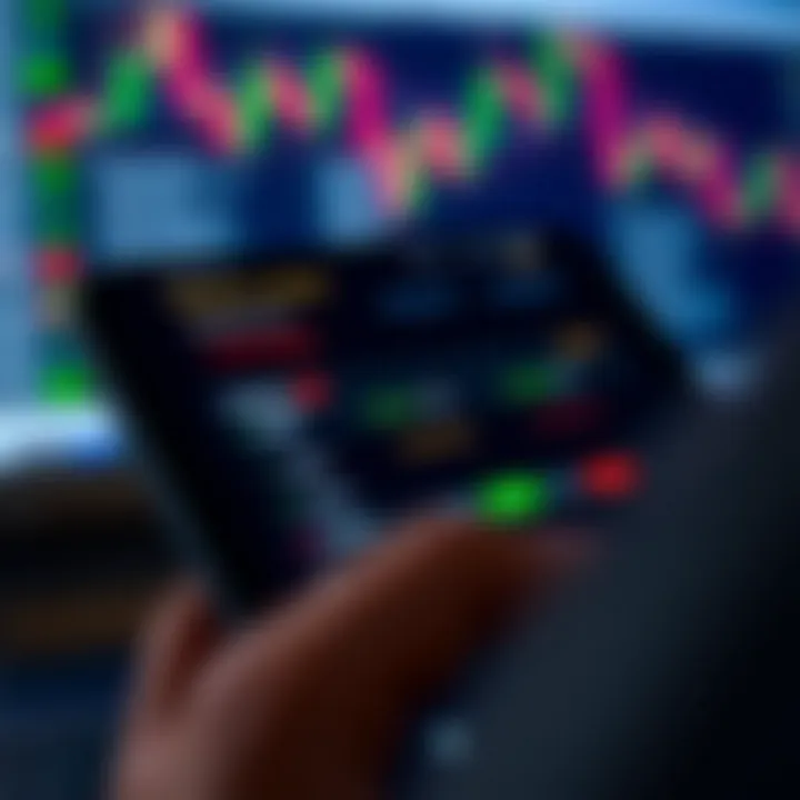 Mobile phone displaying a binary trading app interface showing market options and trading signals