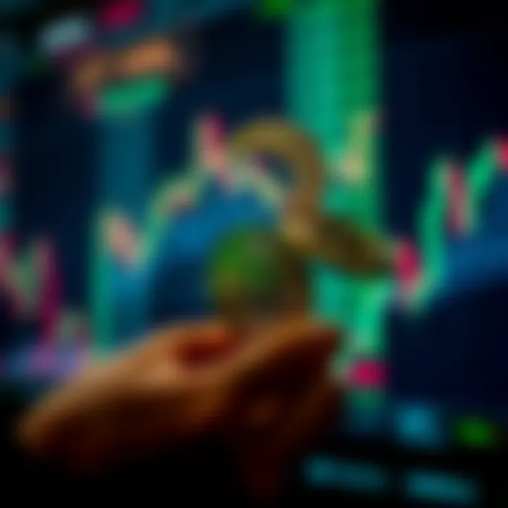 Illustration of digital coins held firmly amid fluctuating market graphs to represent the HODL concept in cryptocurrency.
