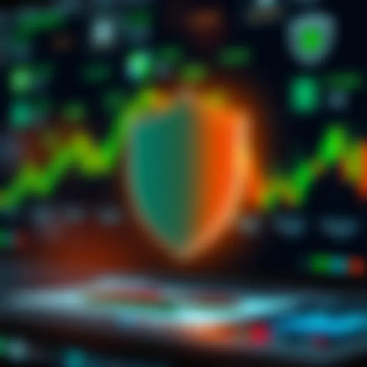 Secure online trading concept showing digital shield and financial icons representing protection measures