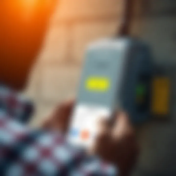 Illustration of a consumer using a mobile phone app to recharge their prepaid electricity meter