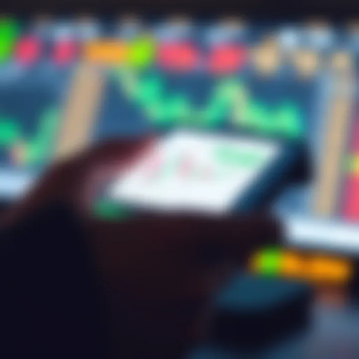 Mobile device displaying a stock trading app interface with charts and market data