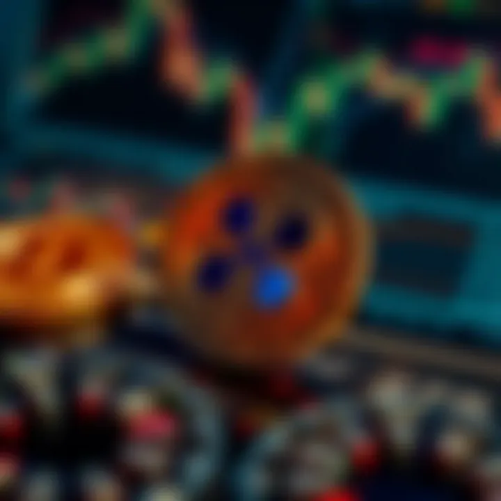 Visual representation of Ripple coin with digital currency symbols and financial graphs