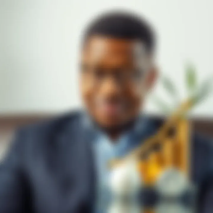 Portrait of Sandile Shezi with elements symbolizing financial growth and entrepreneurship