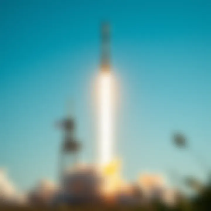 SpaceX Falcon rocket launching into a clear blue sky with flames and smoke at the base