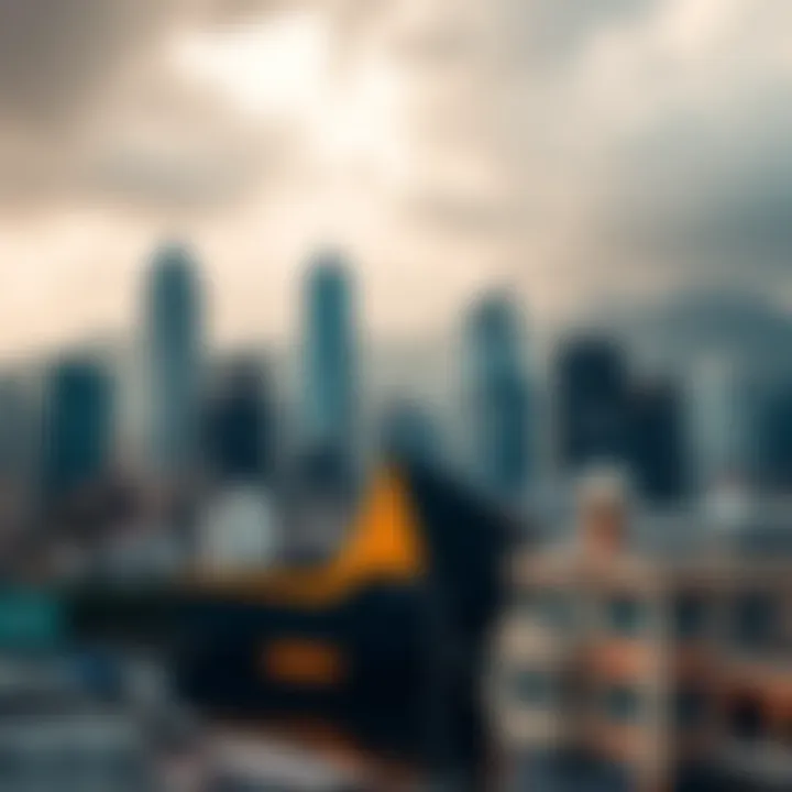 City skyline with towering office buildings representing financial success and economic growth